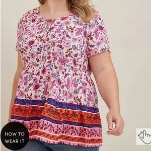 Torrid Size 1 1X Pink Floral Tie Front Short Sleeve Babydoll Blouse NWT